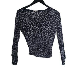 Maurices Navy White Dainty Baby's Breath Floral Knot Front  Crop Top